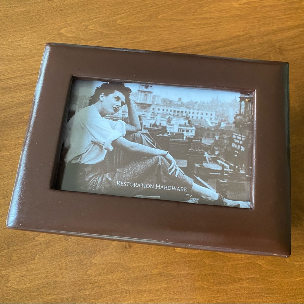 Restoration Hardware brown leather box with photo space